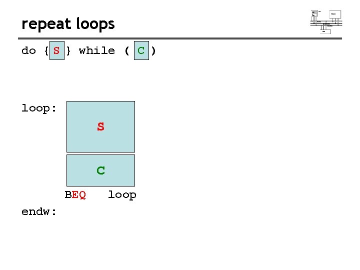 repeat loops do { S } while ( C ) loop: S C BEQ repeat loops do { S } while ( C ) loop: S C BEQ