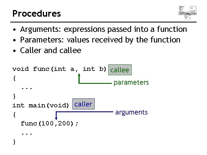 Procedures • Arguments: expressions passed into a function • Parameters: values received by the Procedures • Arguments: expressions passed into a function • Parameters: values received by the