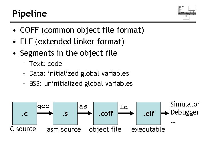 Pipeline • COFF (common object file format) • ELF (extended linker format) • Segments Pipeline • COFF (common object file format) • ELF (extended linker format) • Segments