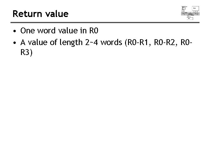 Return value • One word value in R 0 • A value of length Return value • One word value in R 0 • A value of length