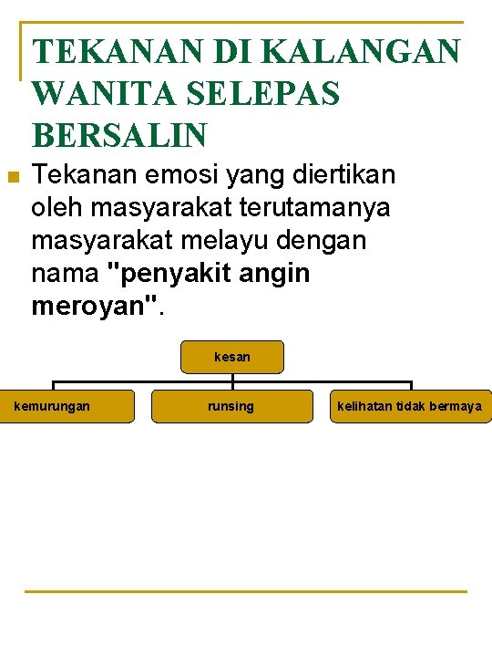 TEKANAN DI KALANGAN WANITA SELEPAS BERSALIN n Tekanan emosi yang diertikan oleh masyarakat terutamanya