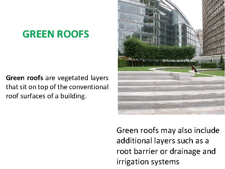 GREEN ROOFS Green roofs are vegetated layers that sit on top of the conventional