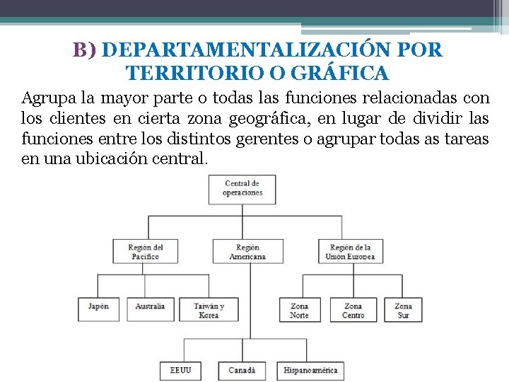 B) DEPARTAMENTALIZACIÓN POR TERRITORIO O GRÁFICA Agrupa la mayor parte o todas las funciones