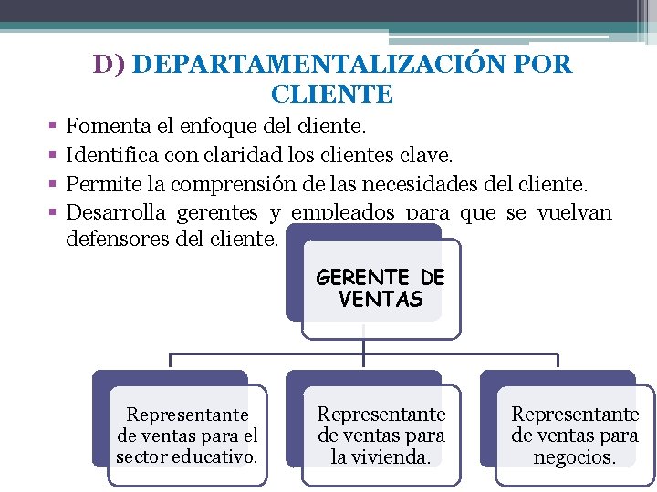 D) DEPARTAMENTALIZACIÓN POR CLIENTE § § Fomenta el enfoque del cliente. Identifica con claridad