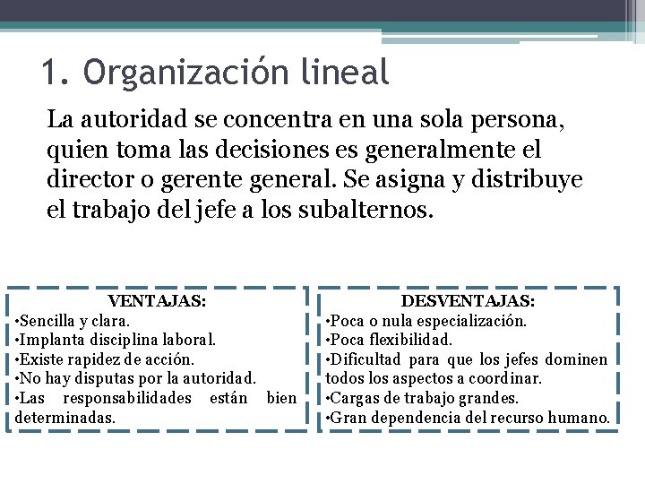 1. Organización lineal La autoridad se concentra en una sola persona, quien toma las