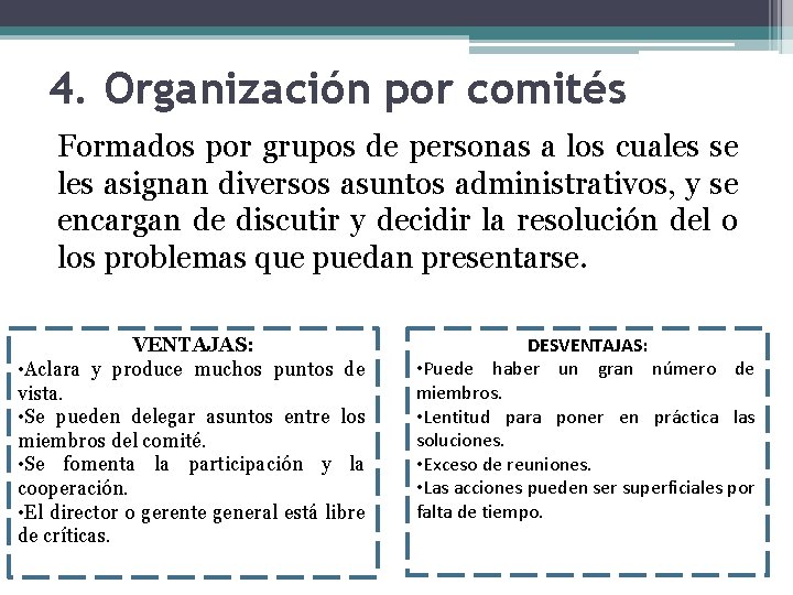 4. Organización por comités Formados por grupos de personas a los cuales se les