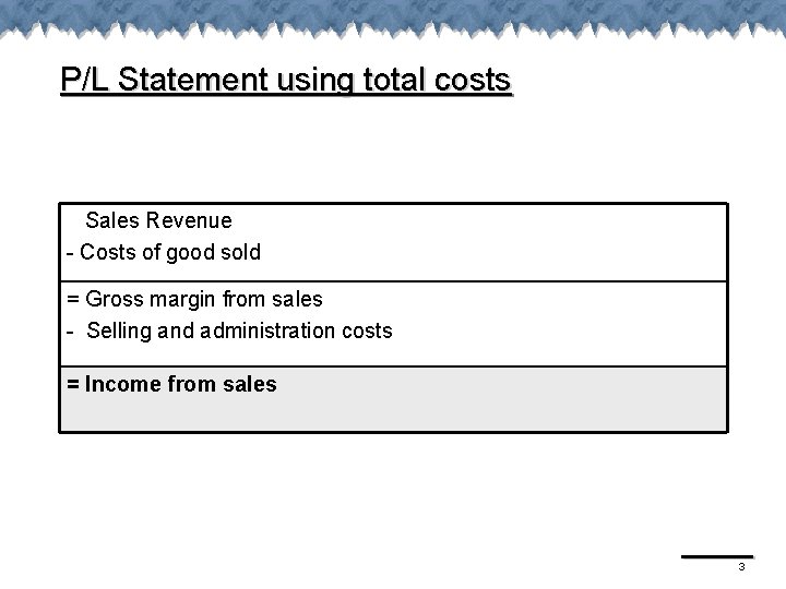 P/L Statement using total costs Sales Revenue - Costs of good sold = Gross P/L Statement using total costs Sales Revenue - Costs of good sold = Gross