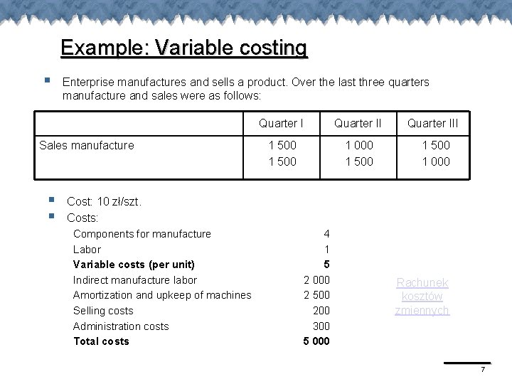 Example: Variable costing § Enterprise manufactures and sells a product. Over the last three