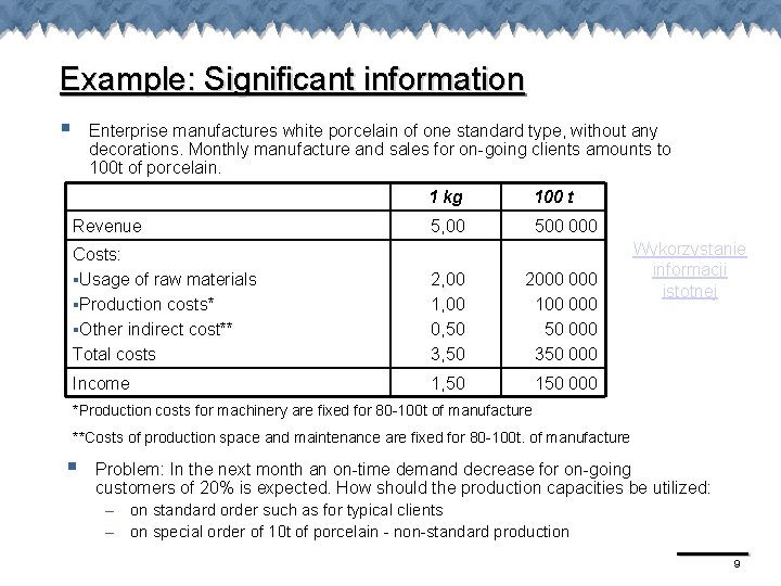 Example: Significant information § Enterprise manufactures white porcelain of one standard type, without any