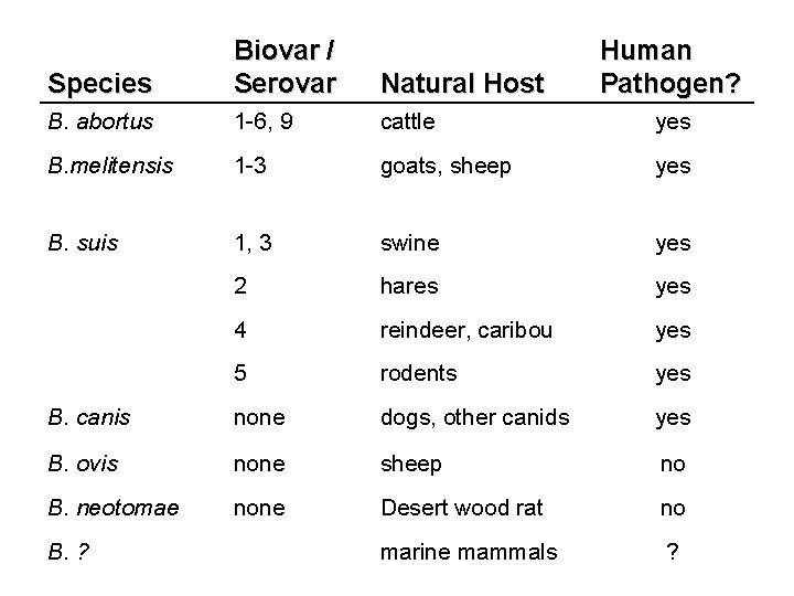 Species Biovar / Serovar Natural Host B. abortus 1 -6, 9 cattle yes B.