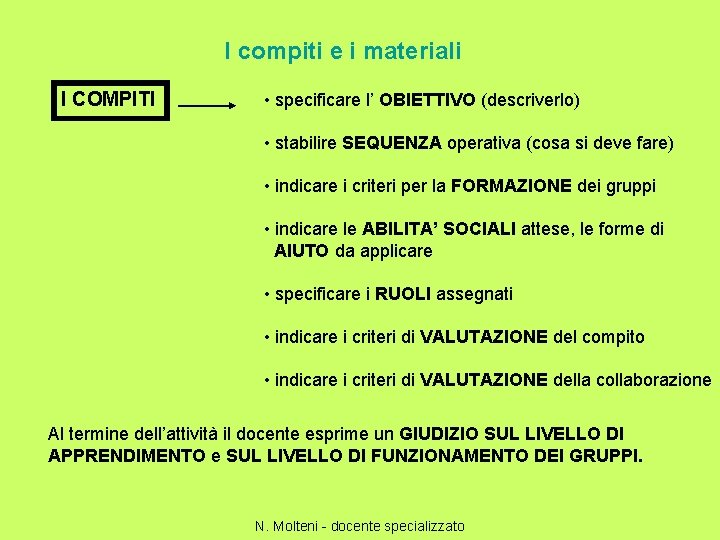 I compiti e i materiali I COMPITI • specificare l’ OBIETTIVO (descriverlo) • stabilire