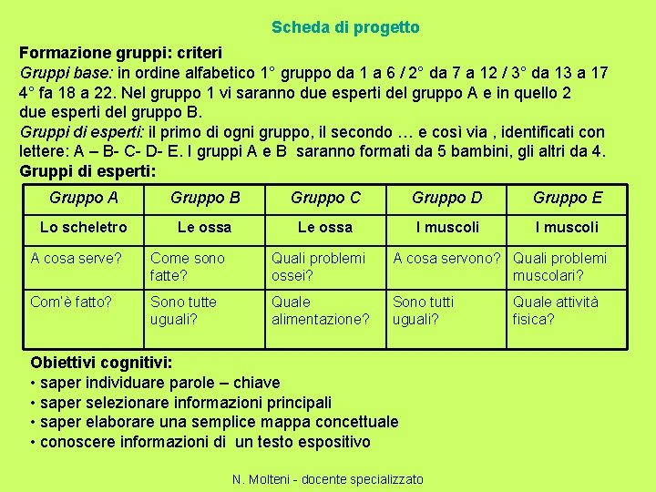 Scheda di progetto Formazione gruppi: criteri Gruppi base: in ordine alfabetico 1° gruppo da