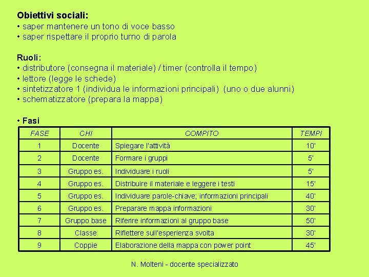 Obiettivi sociali: • saper mantenere un tono di voce basso • saper rispettare il