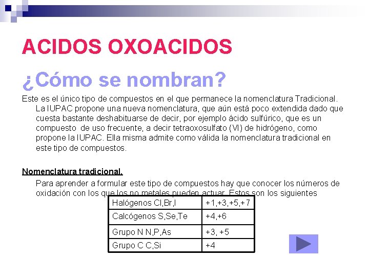 ACIDOS OXOACIDOS ¿Cómo se nombran? Este es el único tipo de compuestos en el ACIDOS OXOACIDOS ¿Cómo se nombran? Este es el único tipo de compuestos en el