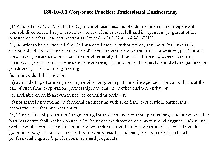 180 -10 -. 01 Corporate Practice: Professional Engineering. (1) As used in O. C.
