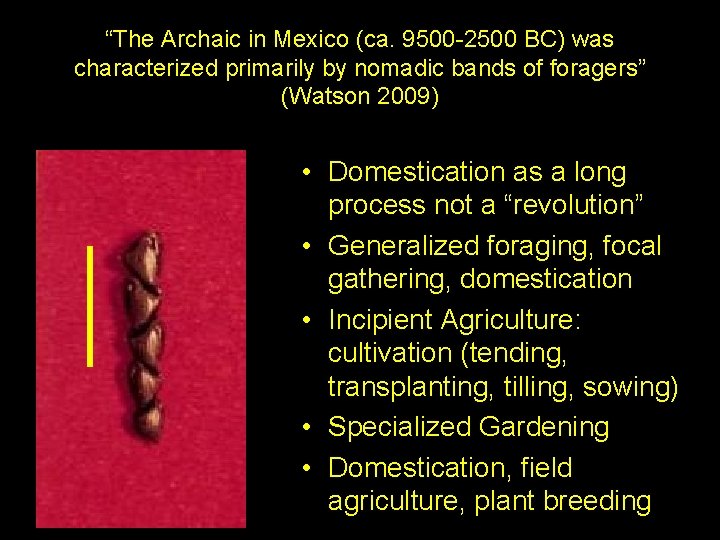 “The Archaic in Mexico (ca. 9500 -2500 BC) was characterized primarily by nomadic bands