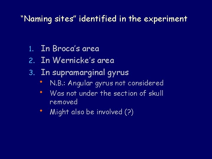 “Naming sites” identified in the experiment In Broca’s area 2. In Wernicke’s area 3.