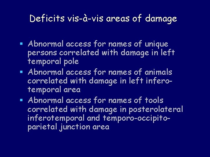 Deficits vis-à-vis areas of damage § Abnormal access for names of unique persons correlated