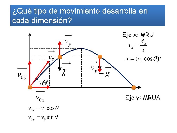 ¿Qué tipo de movimiento desarrolla en cada dimensión? Eje x: MRU Eje y: MRUA ¿Qué tipo de movimiento desarrolla en cada dimensión? Eje x: MRU Eje y: MRUA