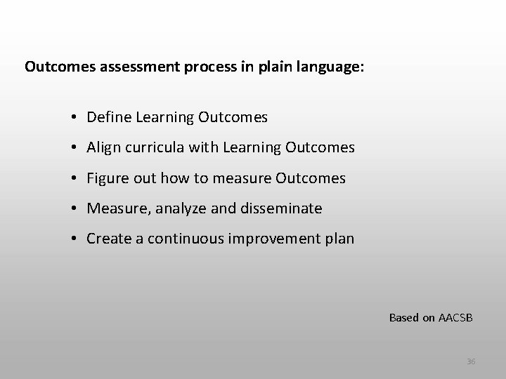  Outcomes assessment process in plain language: • Define Learning Outcomes • Align curricula