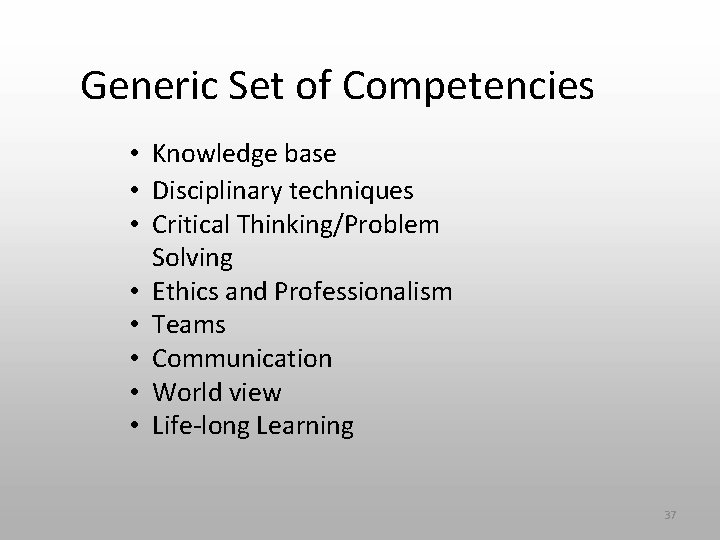Generic Set of Competencies • Knowledge base • Disciplinary techniques • Critical Thinking/Problem Solving