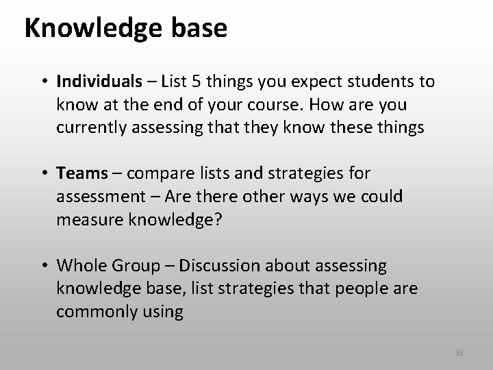 Knowledge base • Individuals – List 5 things you expect students to know at