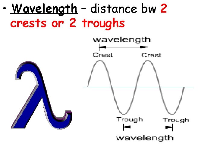  • Wavelength – distance bw 2 crests or 2 troughs 