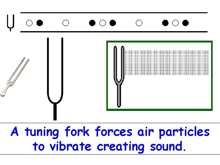 A tuning fork forces air particles to vibrate creating sound. 