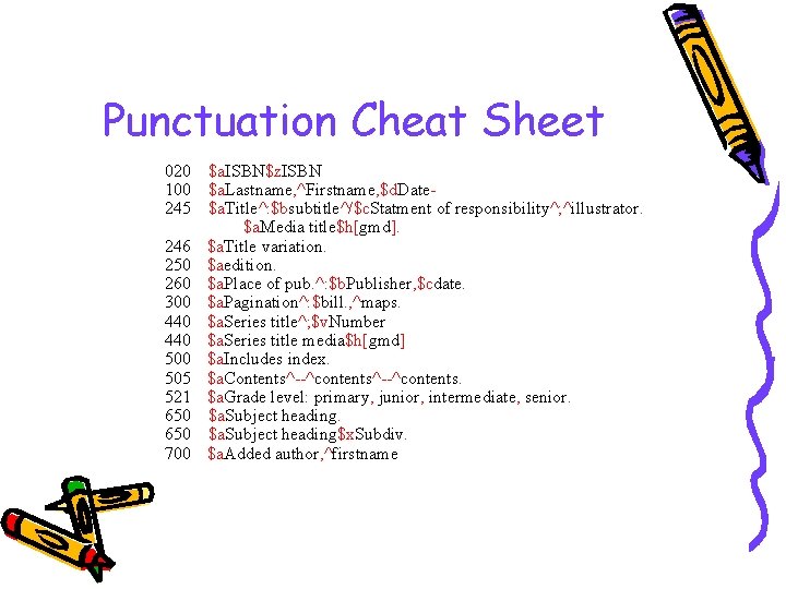 Punctuation Cheat Sheet 020 $a. ISBN$z. ISBN 100 $a. Lastname, ^Firstname, $d. Date 245