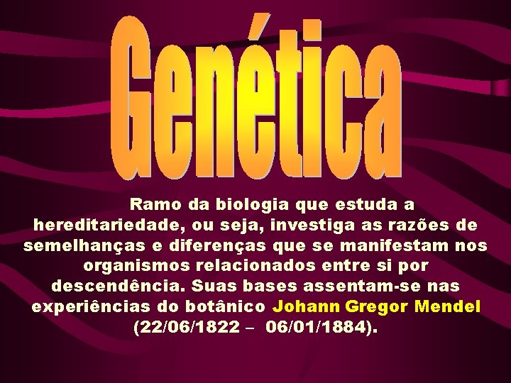 Ramo da biologia que estuda a hereditariedade, ou seja, investiga as razões de semelhanças Ramo da biologia que estuda a hereditariedade, ou seja, investiga as razões de semelhanças