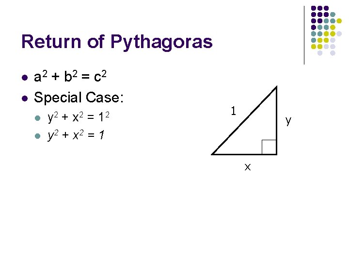 Return of Pythagoras l l a 2 + b 2 = c 2 Special