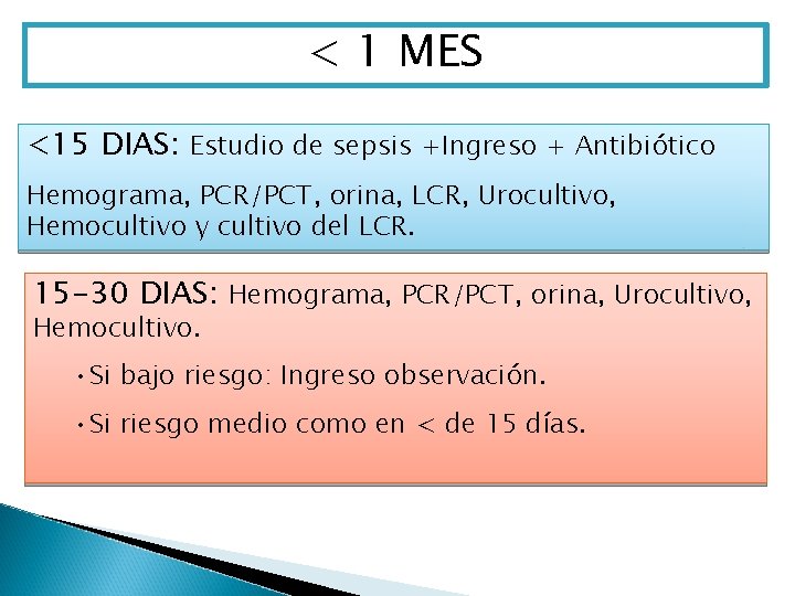 < 1 MES <15 DIAS: Estudio de sepsis +Ingreso + Antibiótico Hemograma, PCR/PCT, orina,