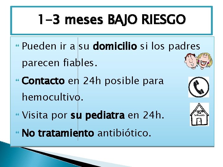 1 -3 meses BAJO RIESGO Pueden ir a su domicilio si los padres parecen