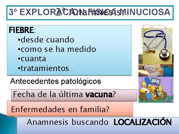 3º EXPLORACION FISICA MINUCIOSA 2ª Anamnesis: FIEBRE: • desde cuando • como se ha