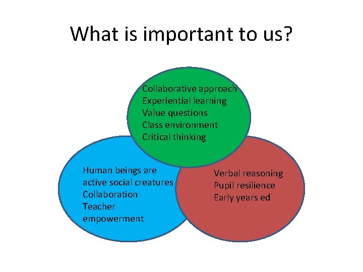 What is important to us? Collaborative approach Experiential learning Value questions Class environment Critical