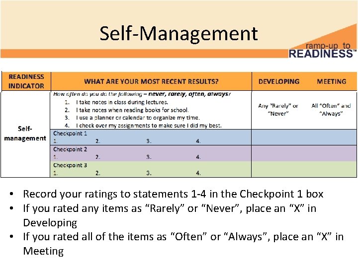 Self-Management • Record your ratings to statements 1 -4 in the Checkpoint 1 box Self-Management • Record your ratings to statements 1 -4 in the Checkpoint 1 box