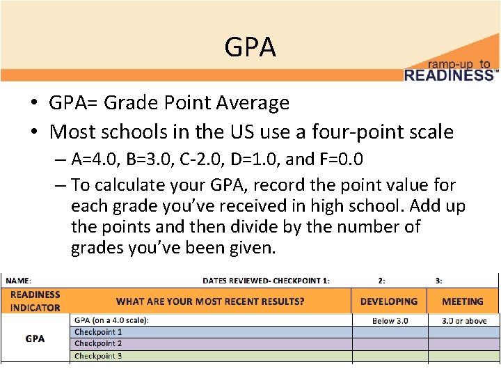 GPA • GPA= Grade Point Average • Most schools in the US use a GPA • GPA= Grade Point Average • Most schools in the US use a