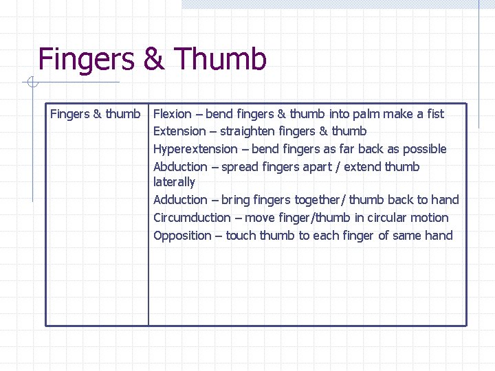 Fingers & Thumb Fingers & thumb Flexion – bend fingers & thumb into palm