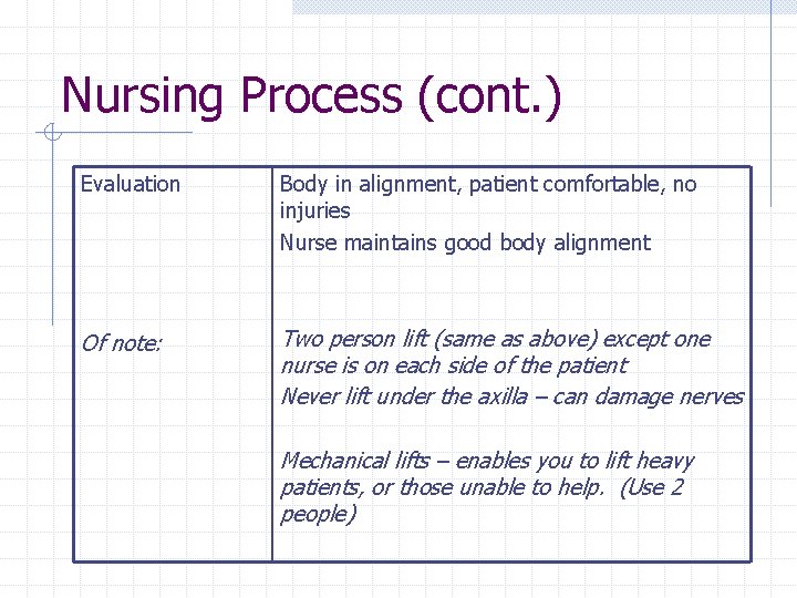 Nursing Process (cont. ) Evaluation Body in alignment, patient comfortable, no injuries Nurse maintains