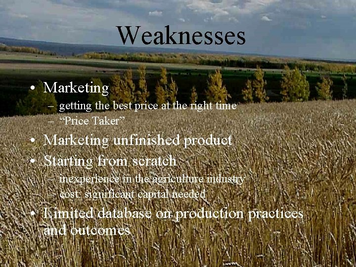 Weaknesses • Marketing – getting the best price at the right time – “Price Weaknesses • Marketing – getting the best price at the right time – “Price