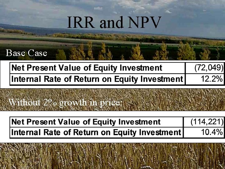 IRR and NPV Base Case Without 2% growth in price: IRR and NPV Base Case Without 2% growth in price: