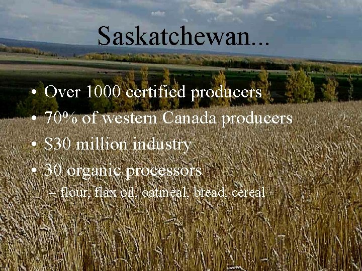Saskatchewan. . . • • Over 1000 certified producers 70% of western Canada producers Saskatchewan. . . • • Over 1000 certified producers 70% of western Canada producers