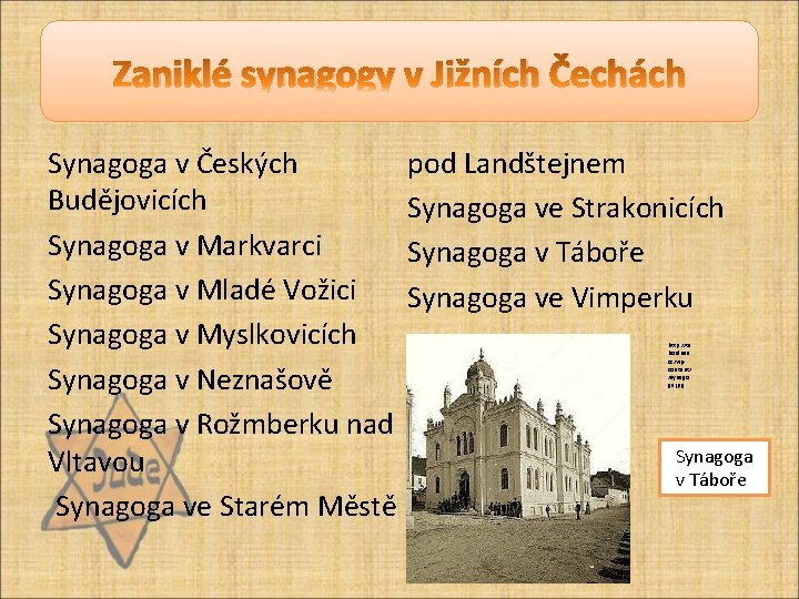 Zaniklé synagogy v Jižních Čechách Synagoga v Českých Budějovicích Synagoga v Markvarci Synagoga v