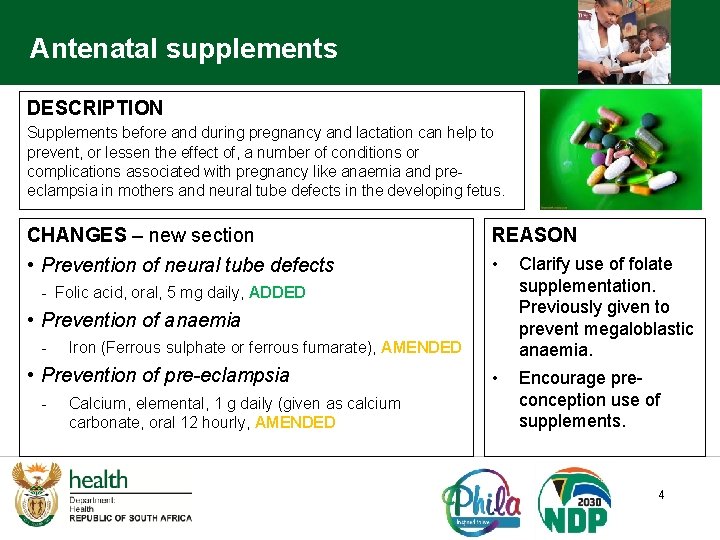 Antenatal supplements DESCRIPTION Supplements before and during pregnancy and lactation can help to prevent,