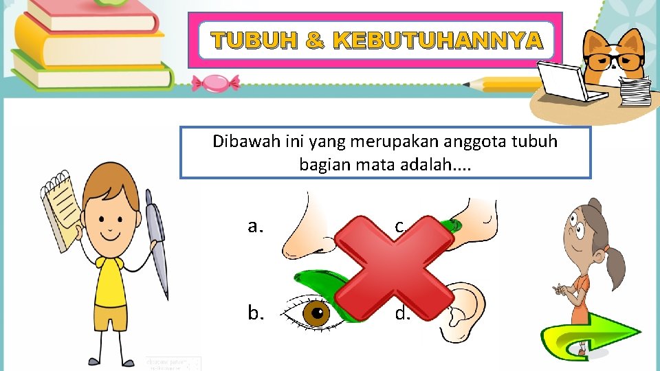 TUBUH & KEBUTUHANNYA Dibawah ini yang merupakan anggota tubuh bagian mata adalah. . a.