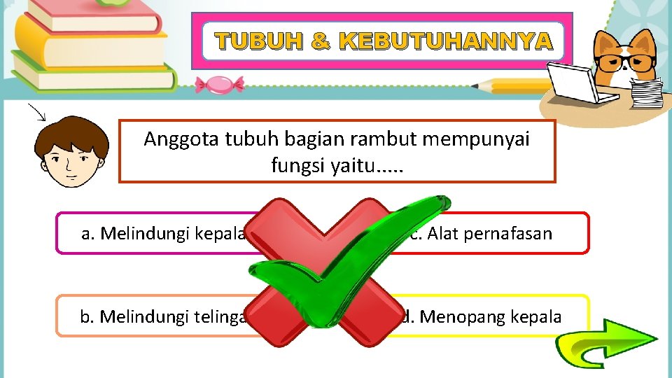 TUBUH & KEBUTUHANNYA Anggota tubuh bagian rambut mempunyai fungsi yaitu. . . a. Melindungi