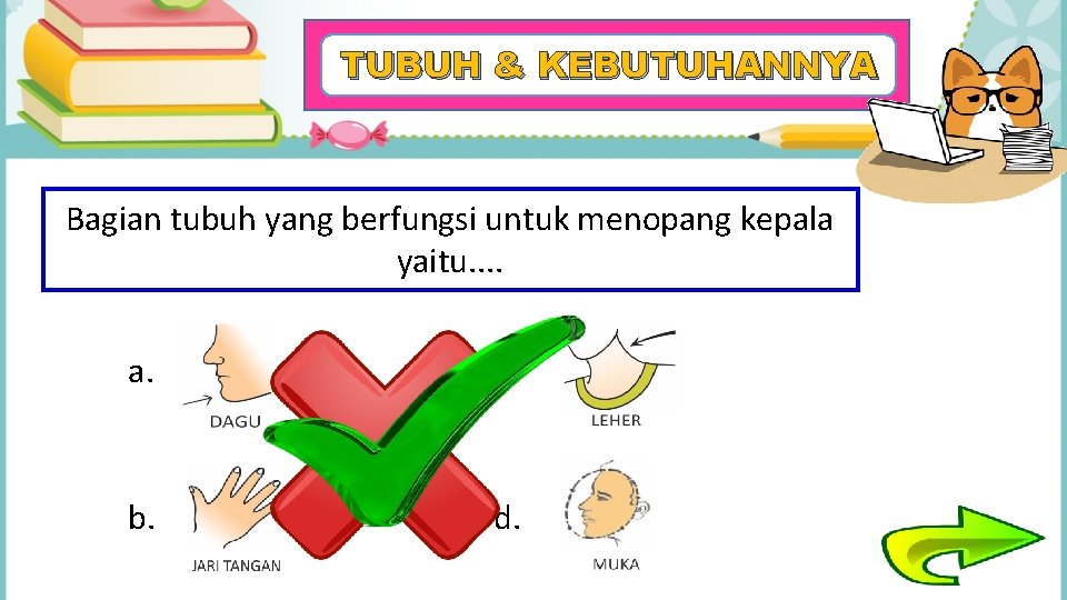 TUBUH & KEBUTUHANNYA Bagian tubuh yang berfungsi untuk menopang kepala yaitu. . a. c.