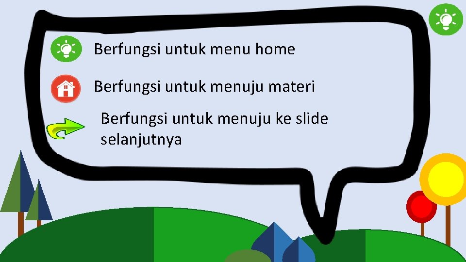 Berfungsi untuk menu home Berfungsi untuk menuju materi Berfungsi untuk menuju ke slide selanjutnya