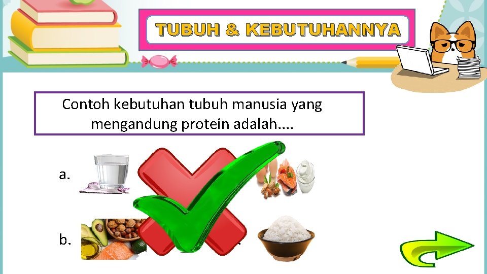 TUBUH & KEBUTUHANNYA Contoh kebutuhan tubuh manusia yang mengandung protein adalah. . a. c.