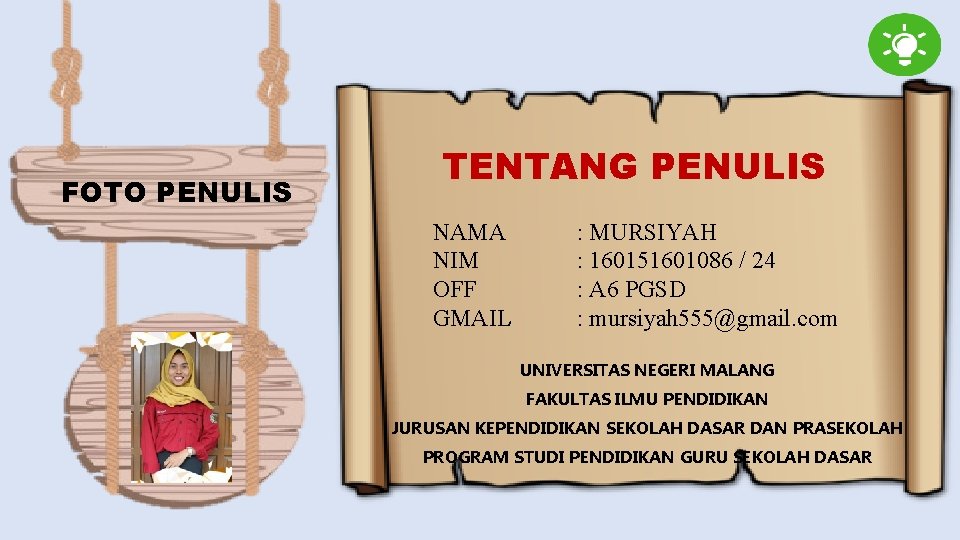 FOTO PENULIS TENTANG PENULIS NAMA NIM OFF GMAIL : MURSIYAH : 160151601086 / 24